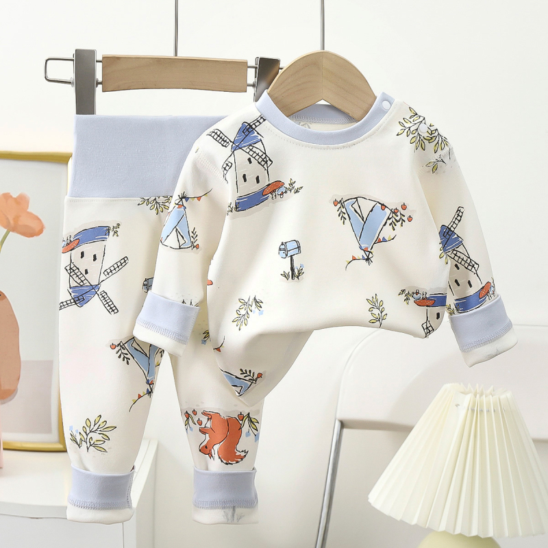Set de underwear din bumbac pentru copii primăvară–toamnă cu talie înaltă pentru protecția abdomenului — tricou cu mânecă lungă și pantaloni, 100% bumbac