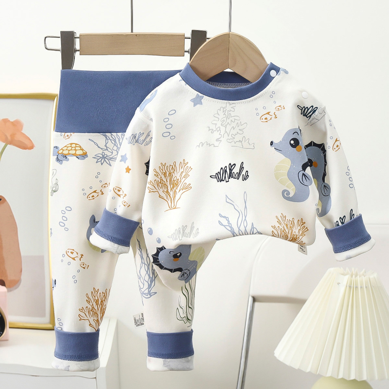 Set de underwear din bumbac pentru copii primăvară–toamnă cu talie înaltă pentru protecția abdomenului — tricou cu mânecă lungă și pantaloni, 100% bumbac