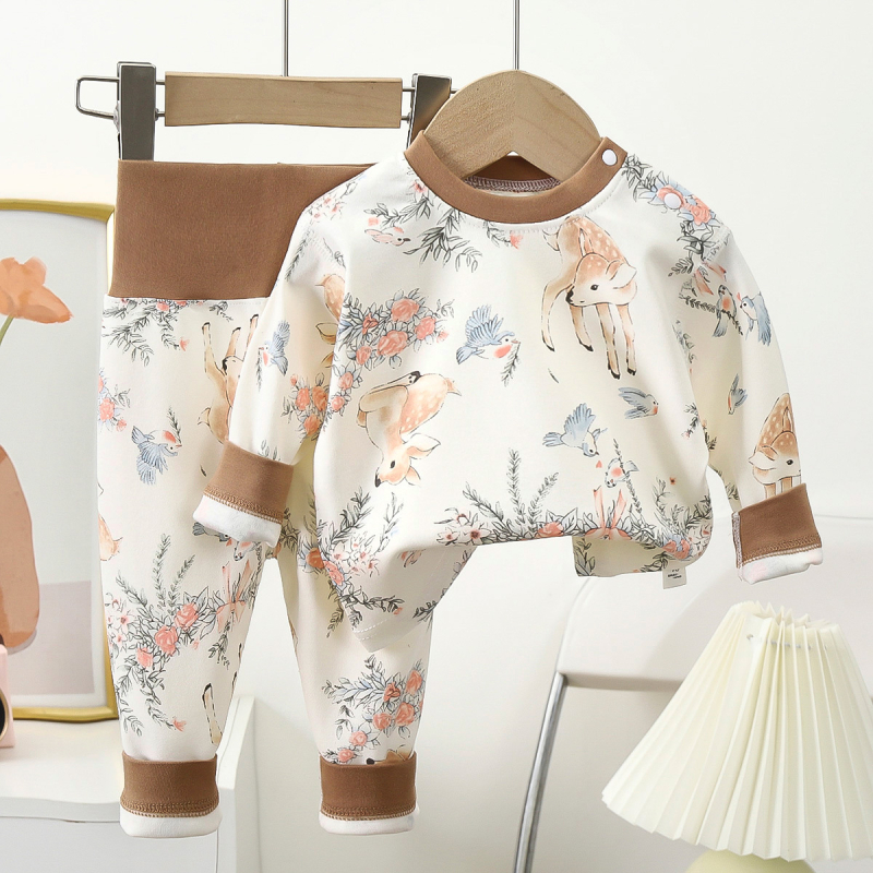 Set de underwear din bumbac pentru copii primăvară–toamnă cu talie înaltă pentru protecția abdomenului — tricou cu mânecă lungă și pantaloni, 100% bumbac