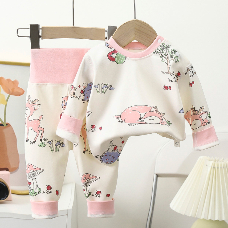 Set de underwear din bumbac pentru copii primăvară–toamnă cu talie înaltă pentru protecția abdomenului — tricou cu mânecă lungă și pantaloni, 100% bumbac