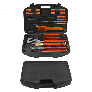 Set de unelte pentru exterior, 18 piese, cu mânere din lemn, într-o cutie plastică portabilă pentru grătar