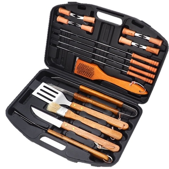 Set de unelte pentru exterior, 18 piese, cu mânere din lemn, într-o cutie plastică portabilă pentru grătar