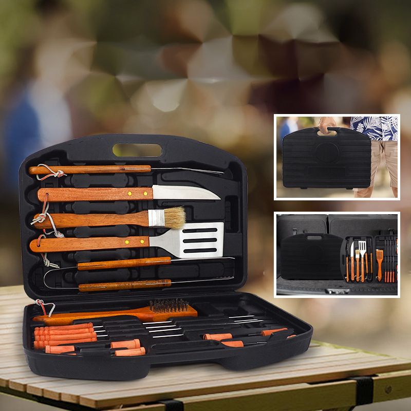 Set de unelte pentru exterior, 18 piese, cu mânere din lemn, într-o cutie plastică portabilă pentru grătar