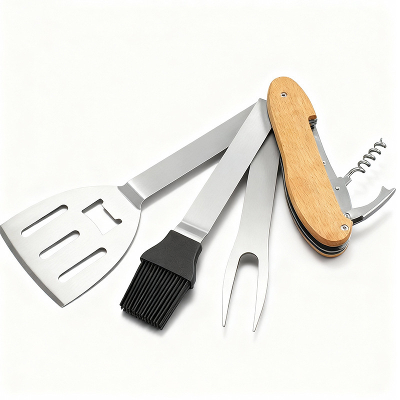 Set portabil pentru grătar din oțel inoxidabil, pliabil, cu spatulă, furculiță și pensulă pentru ulei