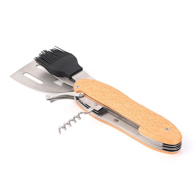 Set portabil pentru grătar din oțel inoxidabil, pliabil, cu spatulă, furculiță și pensulă pentru ulei
