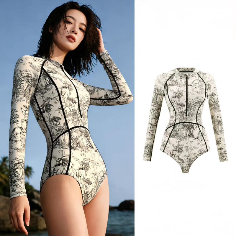 Costum de baie întreg cu mâneci lungi, stil sport, mărime mare, slim și feminin, design modest, potrivit pentru băi termale