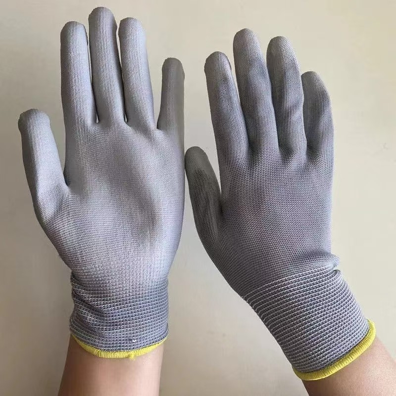 Mănuși gri din PU respirante, tricotate, cu acoperire pe palmă, antistatice și antiderapante