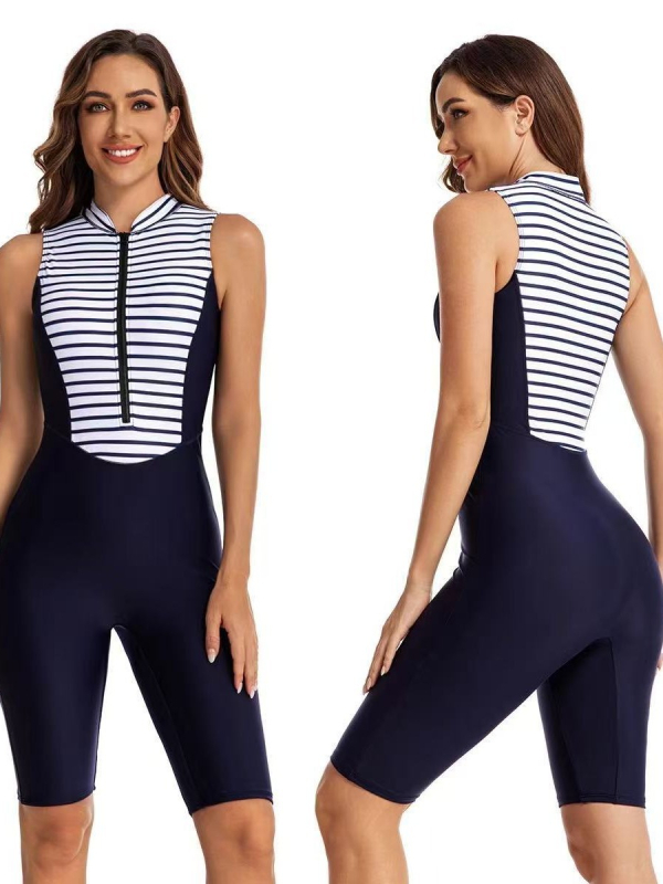Costum de baie întreg pentru femei, dungat, cu fermoar, fără mâneci, protecție solară, pentru surfing și scufundări, subțiază silueta