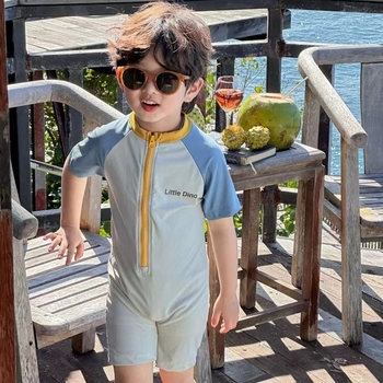2025 Costum de baie unisex pentru copii, dintr-o piesă, imprimeu cu desene animate, mâneci scurte, croială boxer