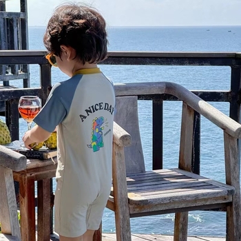 2025 Costum de baie unisex pentru copii, dintr-o piesă, imprimeu cu desene animate, mâneci scurte, croială boxer