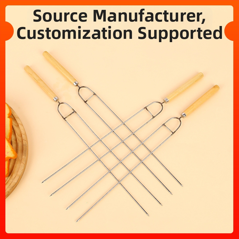 Furculă pentru aripioare de pui cu mâner din lemn, formă în U, ustensilă de grătar din oțel inoxidabil