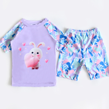 Costum de baie pentru copii, două părți, cu iepuraș drăguț, pentru băieți și fete, 5–12 ani, imprimeu desen animat, poliester