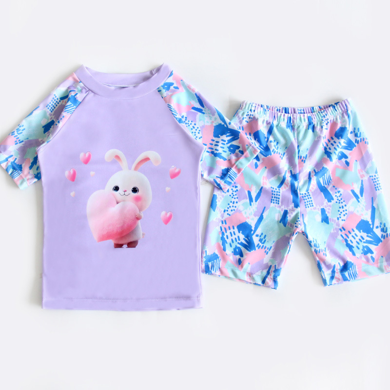 Costum de baie pentru copii, două părți, cu iepuraș drăguț, pentru băieți și fete, 5–12 ani, imprimeu desen animat, poliester