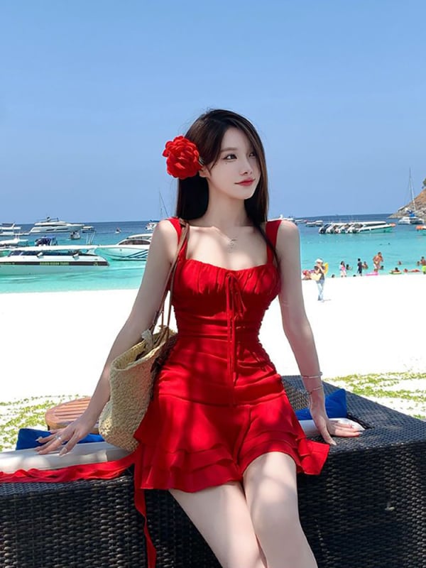 Costum de baie întreg cu croială în stil rochie, femei, vară 2025, plajă și vacanțe la malul mării