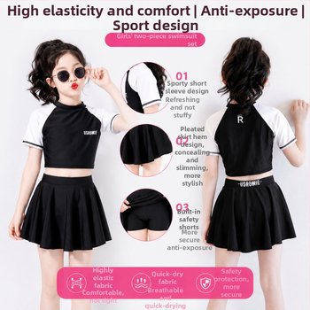 Costum de baie sport pentru fete, bloc de culori negru-alb, mâneci Raglan, design din două părți cu fustă plisată, plăcut la atingere și respirabil.