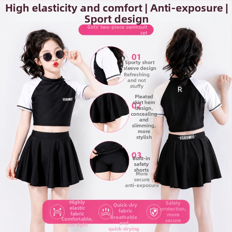 Costum de baie sport pentru fete, bloc de culori negru-alb, mâneci Raglan, design din două părți cu fustă plisată, plăcut la atingere și respirabil.