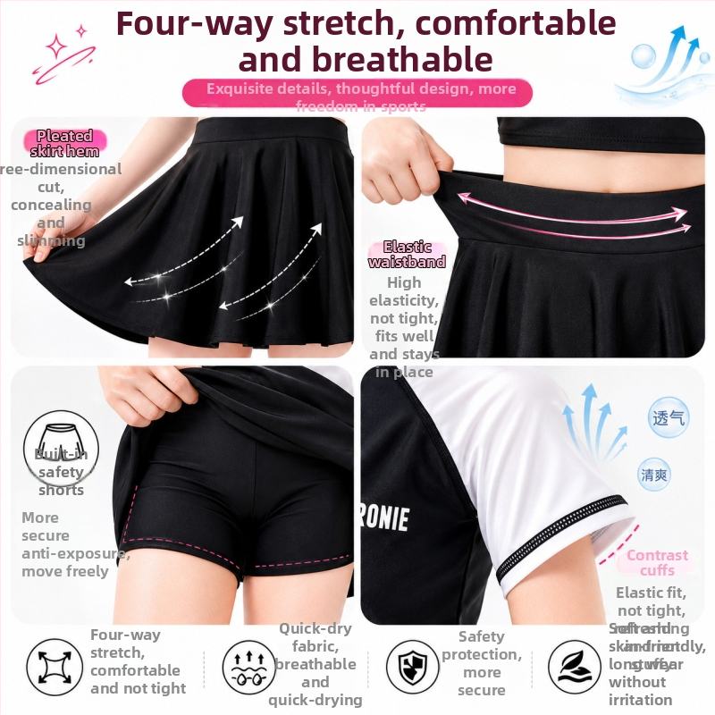 Costum de baie sport pentru fete, bloc de culori negru-alb, mâneci Raglan, design din două părți cu fustă plisată, plăcut la atingere și respirabil.