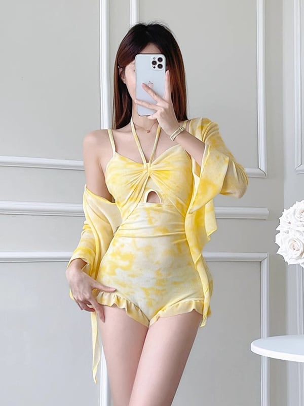 Costum de baie întreg pentru femei, mâneci lungi, culoare solidă, protecție UV, poliester