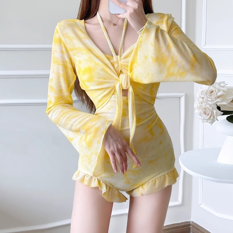 Costum de baie întreg pentru femei, mâneci lungi, culoare solidă, protecție UV, poliester