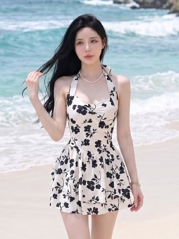 Costum de baie pentru femei, vară, costum întreg cu fustă, mac negru, acoperă burtă, aspect stilat, senzație de înaltă calitate, pentru mici sâni, stil plajă și vacanță, izvoare termale
