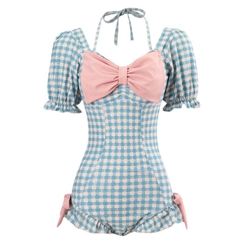 Noul costum de baie în carouri, stil japonez, drăguț, cu mâneci scurte, acoperire a burții, bretele, spate deschis