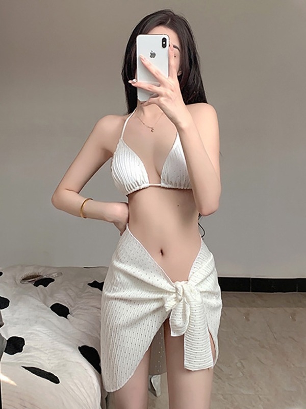 Costum de baie bikini pentru femei, nou în 2025, set din trei piese, sexy push-up pentru busturi, bretele, potrivit pentru plajă și băi termale.