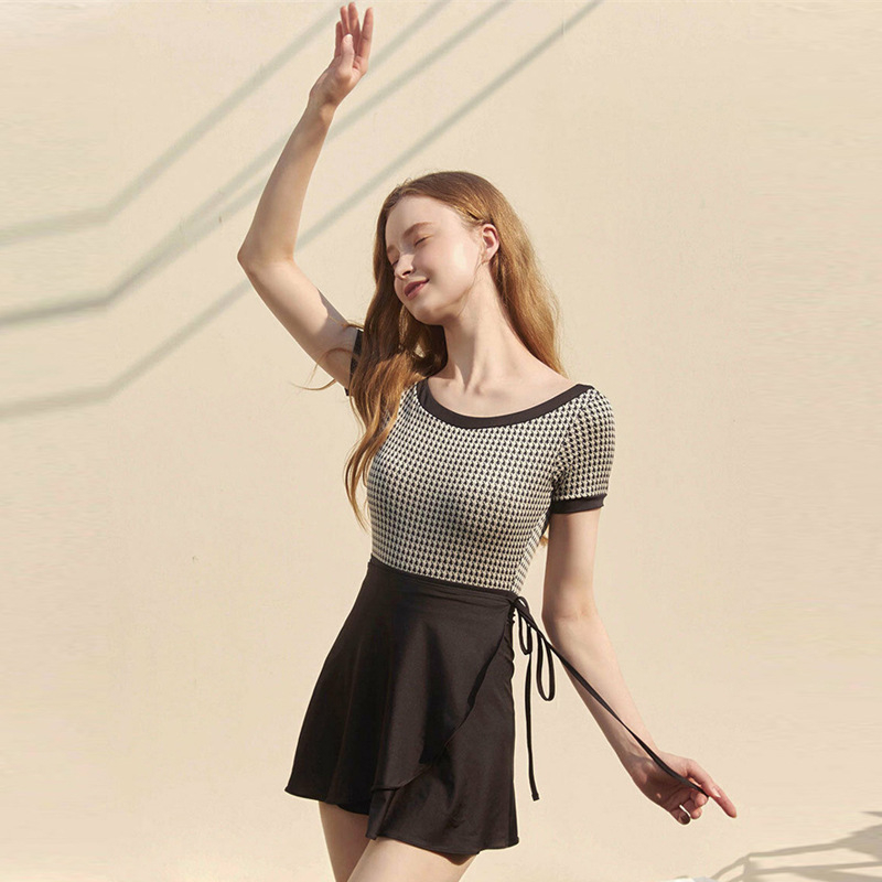 Costum de baie întreg cu fustă pentru femei, imprimeu Houndstooth, aspect slim, sexy, pentru spa