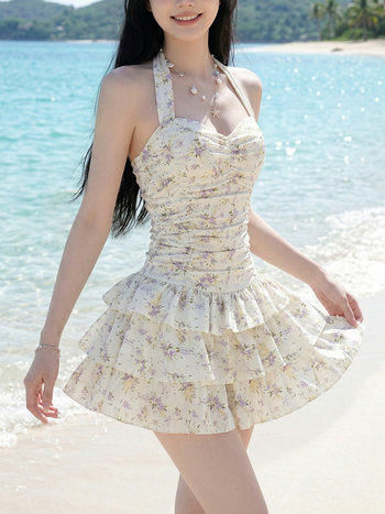Costum de baie întreg pentru femei, halter, imprimeu floral, stil franțuzesc retro, pentru bust mic, cu bureți, acoperire discretă
