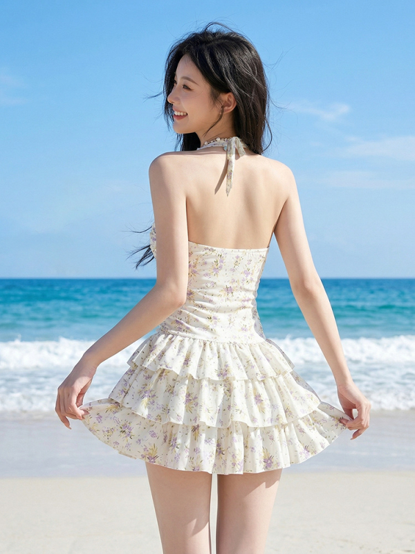 Costum de baie întreg pentru femei, halter, imprimeu floral, stil franțuzesc retro, pentru bust mic, cu bureți, acoperire discretă