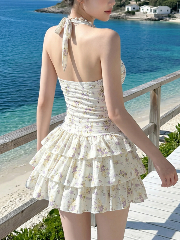 Costum de baie întreg pentru femei, halter, imprimeu floral, stil franțuzesc retro, pentru bust mic, cu bureți, acoperire discretă
