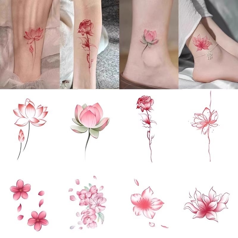 Tatuaj temporar cu lotus, impermeabil pentru femei, design de gleznă cu aspect realist, durabil