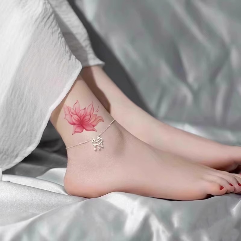 Tatuaj temporar cu lotus, impermeabil pentru femei, design de gleznă cu aspect realist, durabil