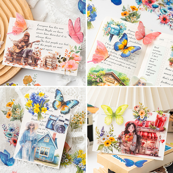 Autocolante retro cu flori, plante și fluturi – set în cutie, impermeabile, pentru colaje și jurnal DIY