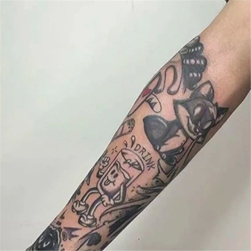 Sticker de tatuaj pentru braț, impermeabil, cu vulpe întunecată și patchwork floral, motiv suc din plante, stil desen animat, durabil, unisex