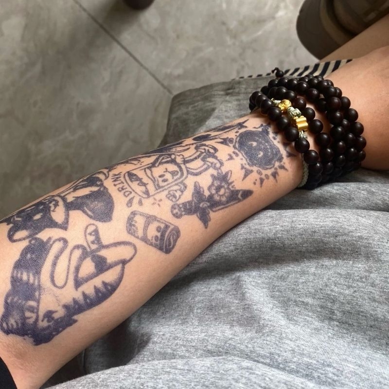 Sticker de tatuaj pentru braț, impermeabil, cu vulpe întunecată și patchwork floral, motiv suc din plante, stil desen animat, durabil, unisex