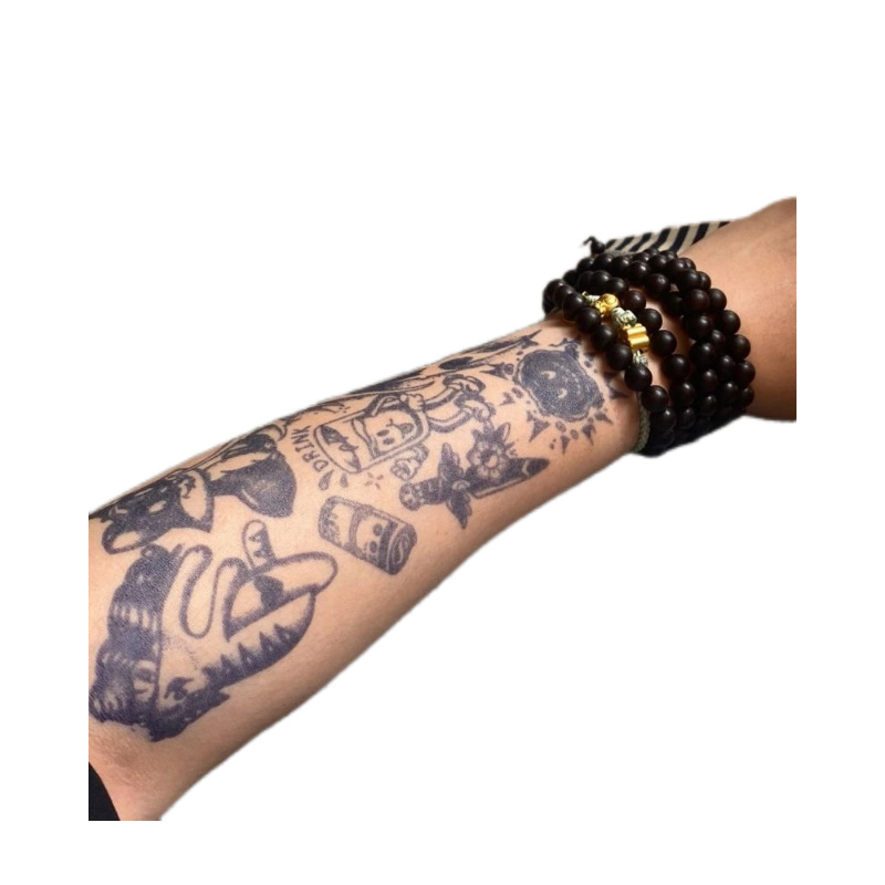Sticker de tatuaj pentru braț, impermeabil, cu vulpe întunecată și patchwork floral, motiv suc din plante, stil desen animat, durabil, unisex