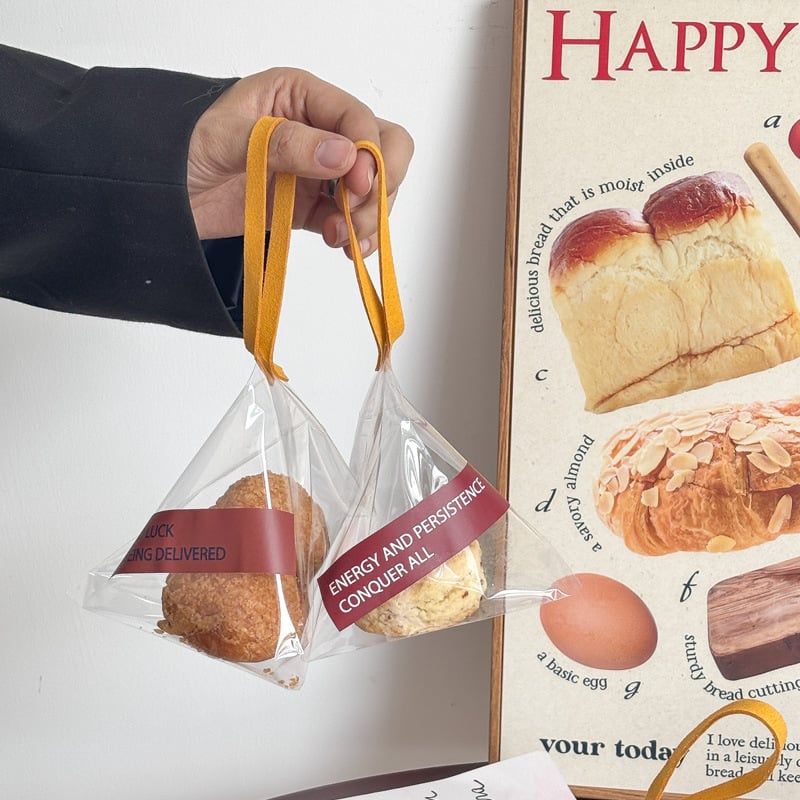 Saci de ambalaj transparent, de unică folosință, pentru fursecuri, pâine, deserturi și ciocolată, în stil Instagram, buzunar plat de 12x15 cm, etichete colorate cu litere și curea velur galben de 8 mm