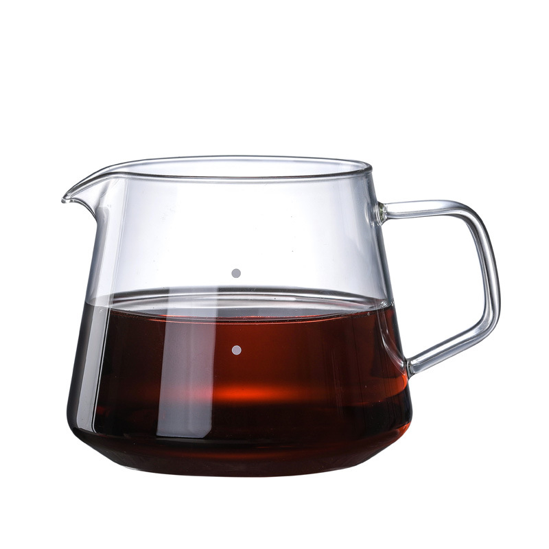 Cafetieră din sticlă rezistentă la temperaturi înalte, în stil european, cu gură ascuțită pentru preparare manuală și cu un recipient de măsurare a laptelui.