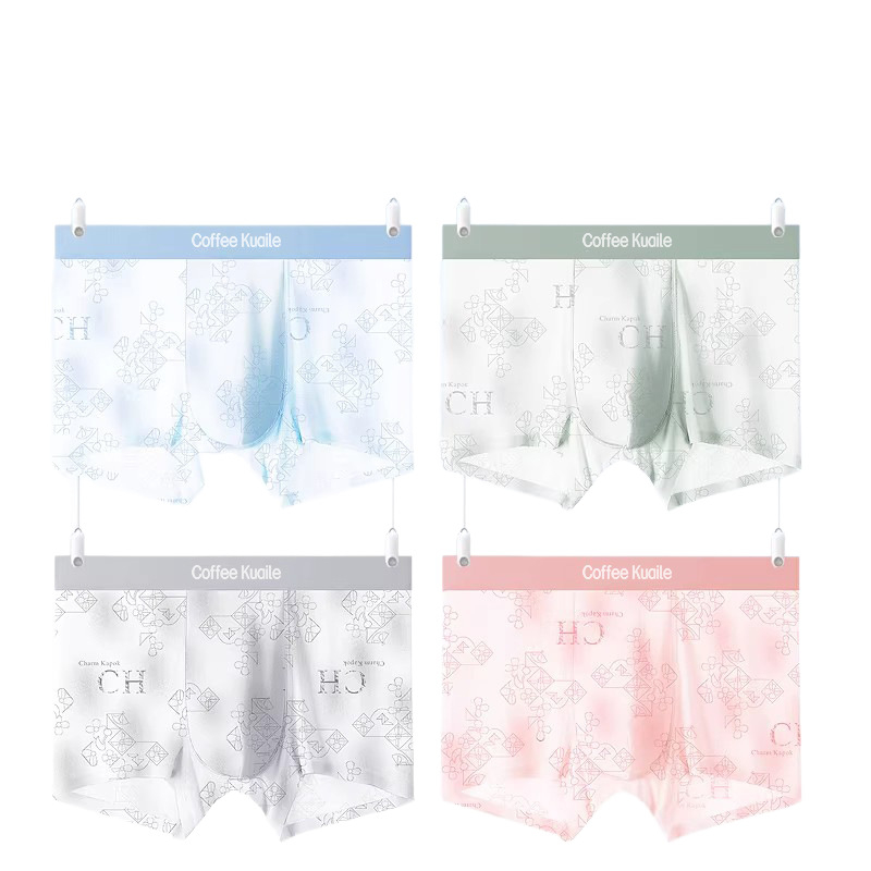 Boxeri pentru bărbați din ice silk, respirabili cu plasă, antibacteriale, imprimeu geometric roz