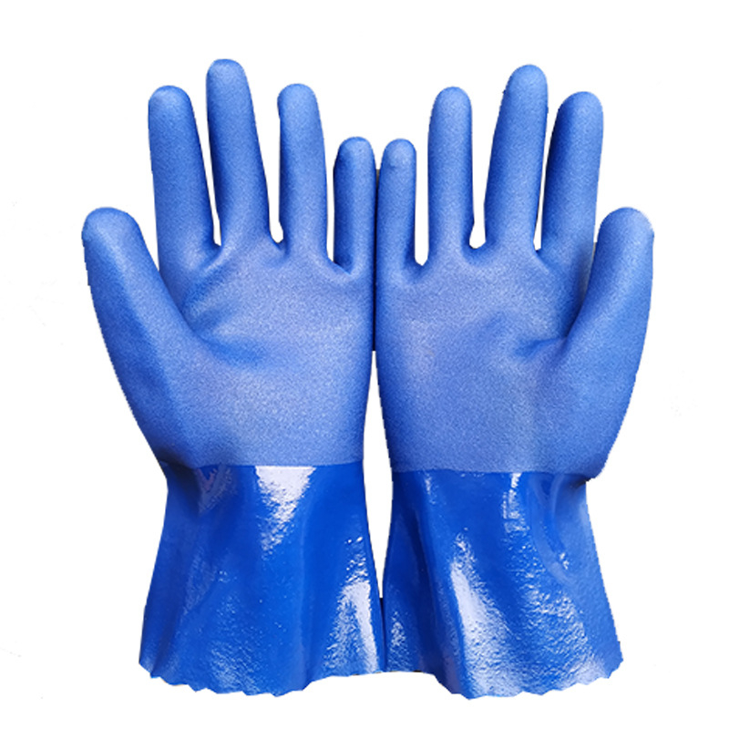 Mănuși din PVC rezistente la ulei, albastre, cu suprafață mată antiderapantă, tratate prin imersie, pentru protecție industrială împotriva acidilor și alcalilor