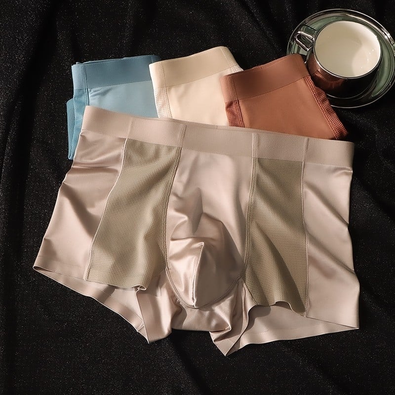Lenjerie intimă bărbătească din ice silk, finisaj satin, respirabilă, boxer briefs cu plasă, pentru vară