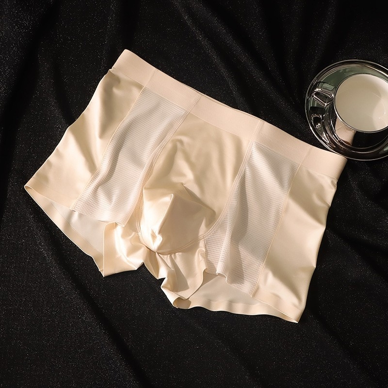 Lenjerie intimă bărbătească din ice silk, finisaj satin, respirabilă, boxer briefs cu plasă, pentru vară