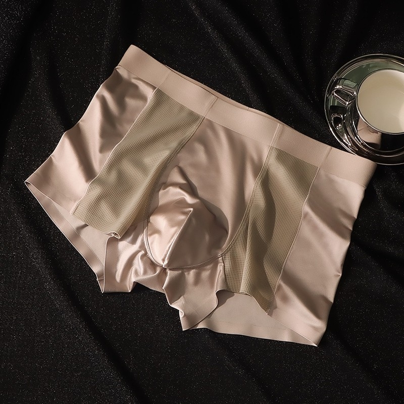 Lenjerie intimă bărbătească din ice silk, finisaj satin, respirabilă, boxer briefs cu plasă, pentru vară