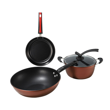 Set de vase de bucătărie antiaderente, 3 piese: tigaie, wok și oală de supă, din fier fin