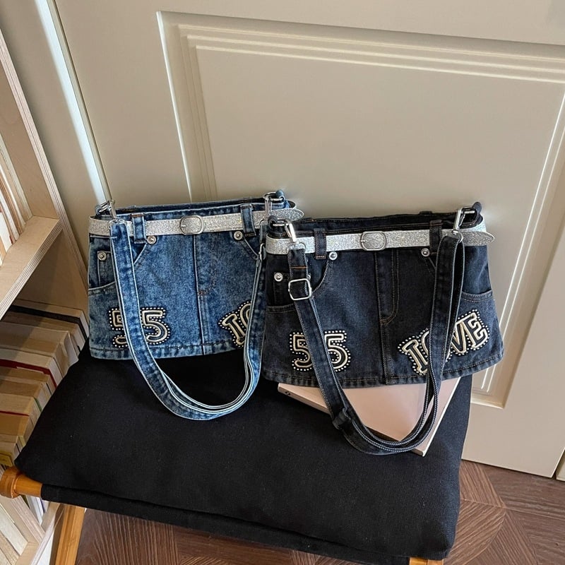 Geantă din denim retro pentru femei, denim spălat, geantă de umăr și crossbody, stil modern, compactă
