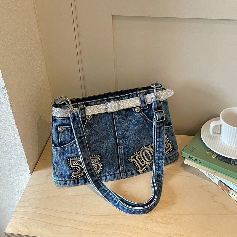 Geantă din denim retro pentru femei, denim spălat, geantă de umăr și crossbody, stil modern, compactă