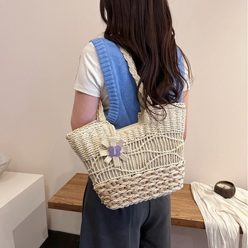 Geantă din paie, capacitate mare, poșetă de mână/pe umăr, feminină, stil urban minimalist