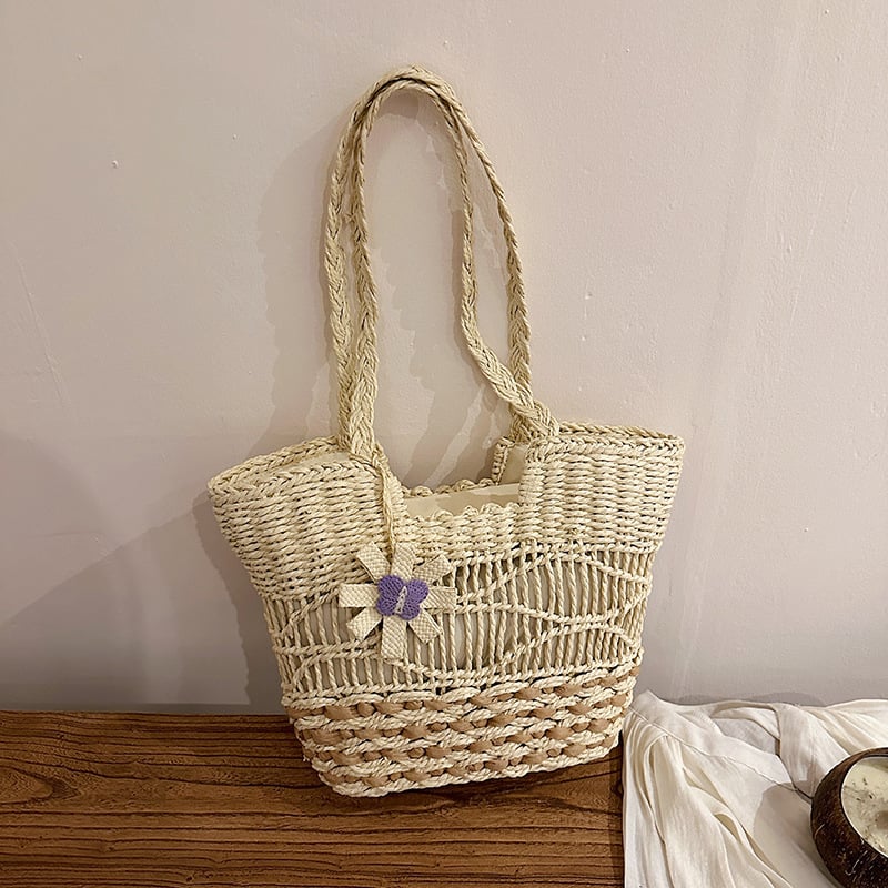 Geantă din paie, capacitate mare, poșetă de mână/pe umăr, feminină, stil urban minimalist