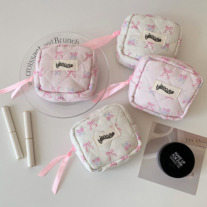 Geantă cosmetică cu funda, mică și portabilă, pentru produse de îngrijire, buzunar pentru monede și depozitare pentru ruj