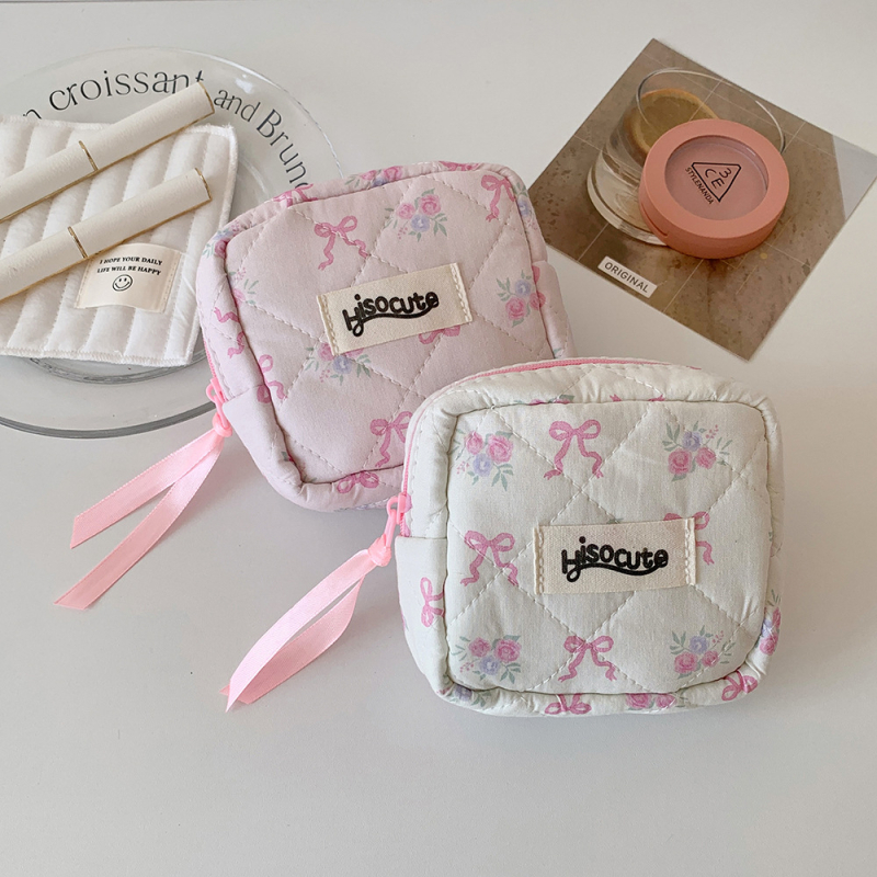 Geantă cosmetică cu funda, mică și portabilă, pentru produse de îngrijire, buzunar pentru monede și depozitare pentru ruj